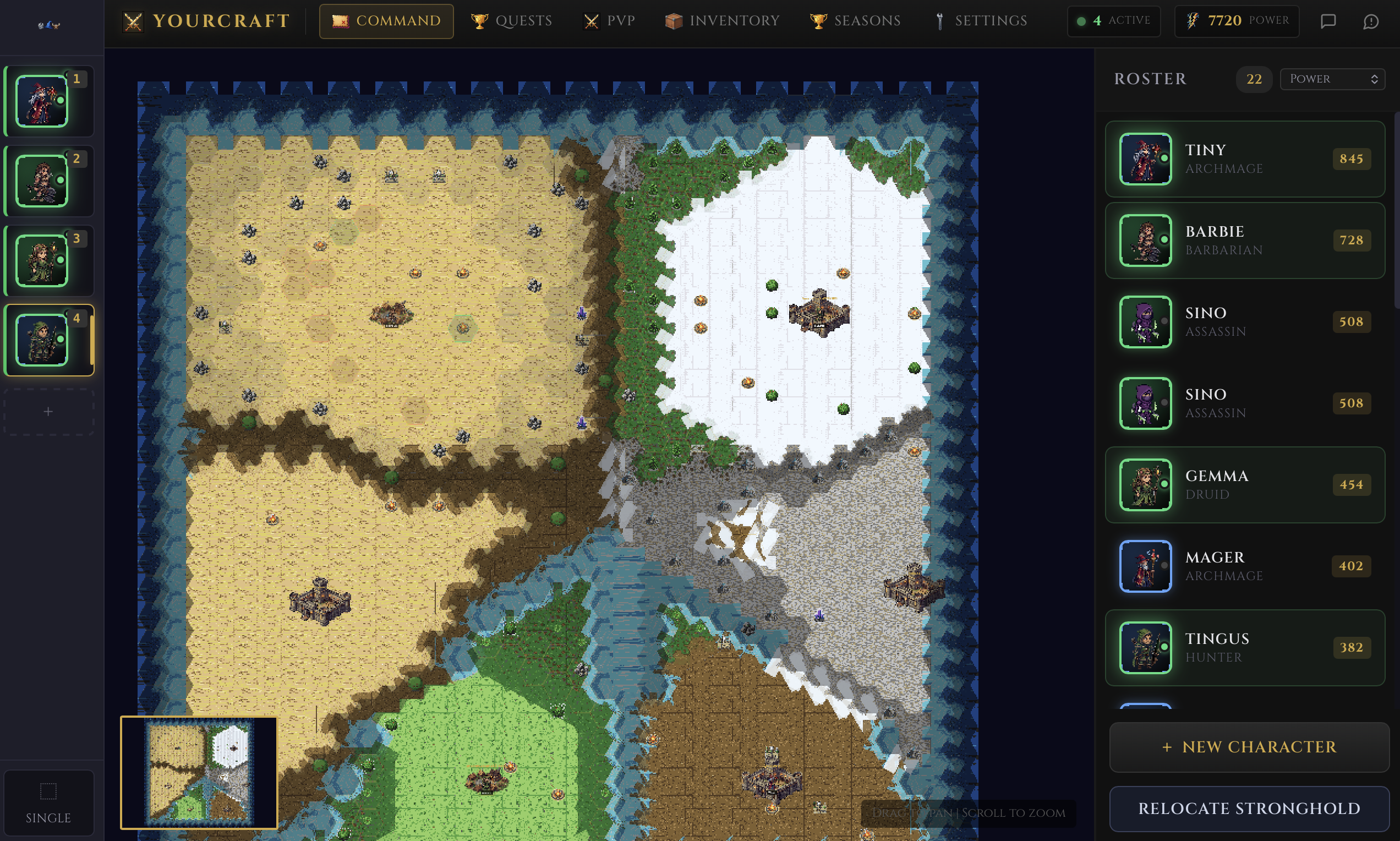 World map view with roster, strongholds, and resource objectives