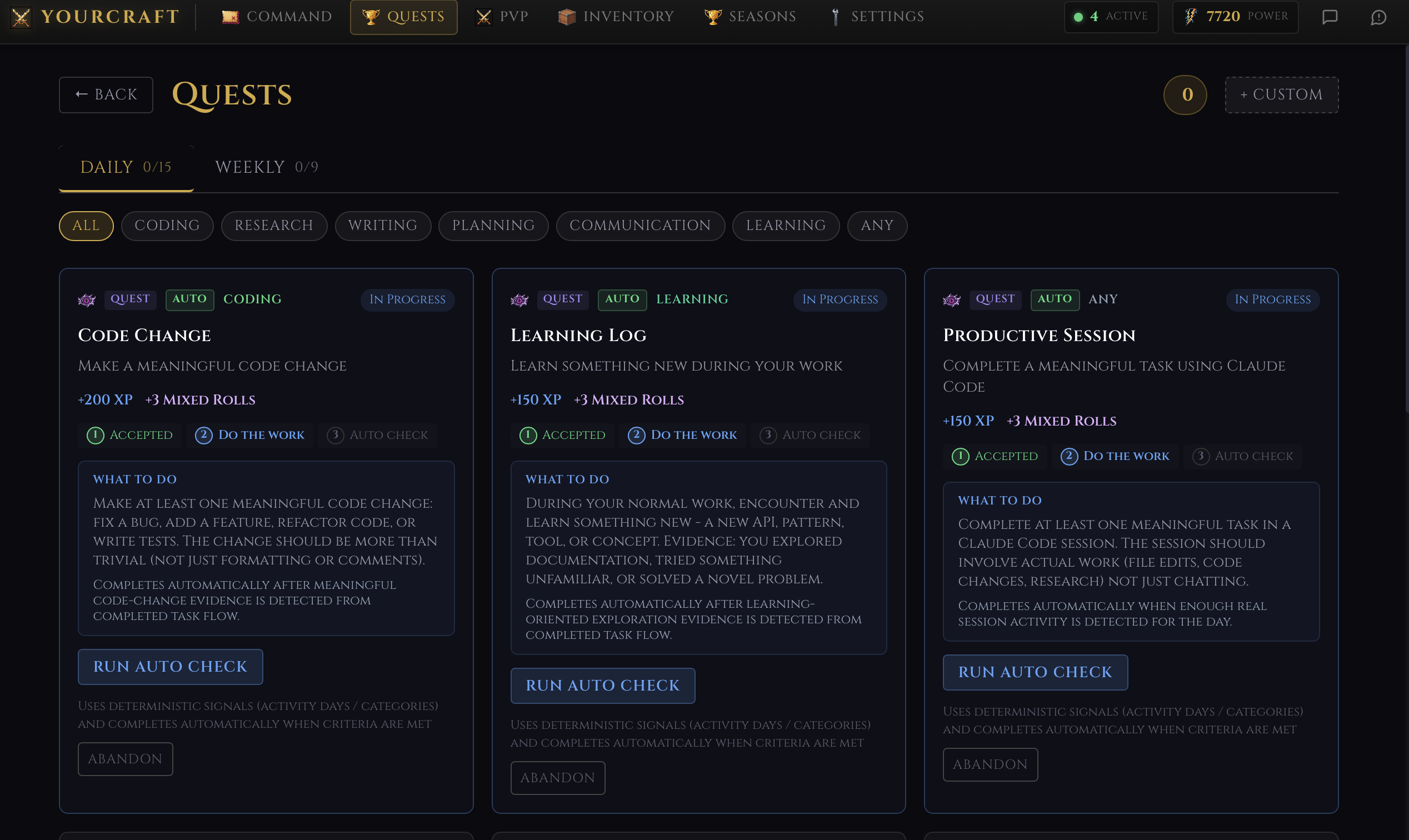 Quest board with daily and weekly objectives