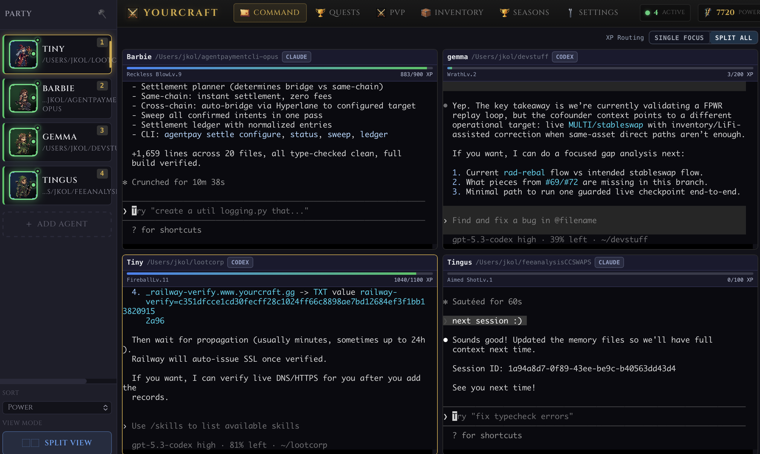 Four-panel command layout with split sessions